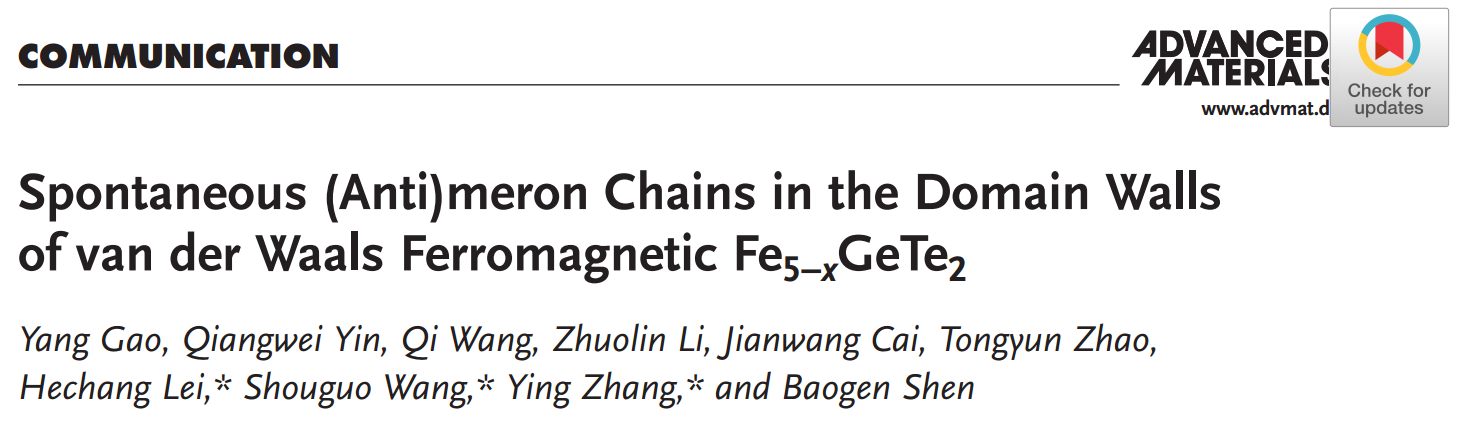 相關(guān)研究成果以“Spontaneous (Anti)meron Chains in the Domain Walls of van der Waals Ferromagnetic Fe5-xGeTe2”為題發(fā)表在《Adv. Mater.》上。